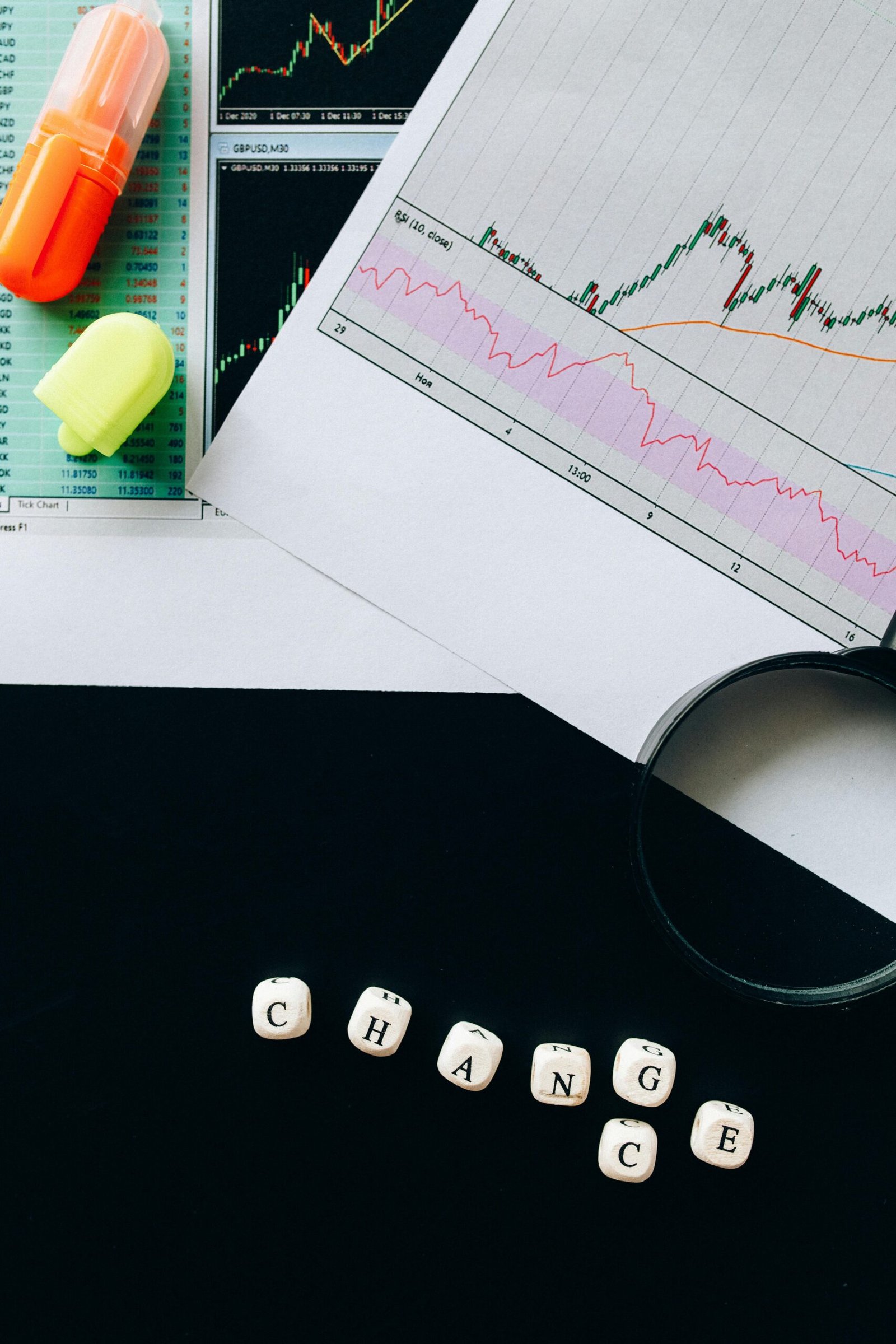 A flat lay image featuring financial charts, highlighters, and dice spelling 'CHANGE' on a black background.